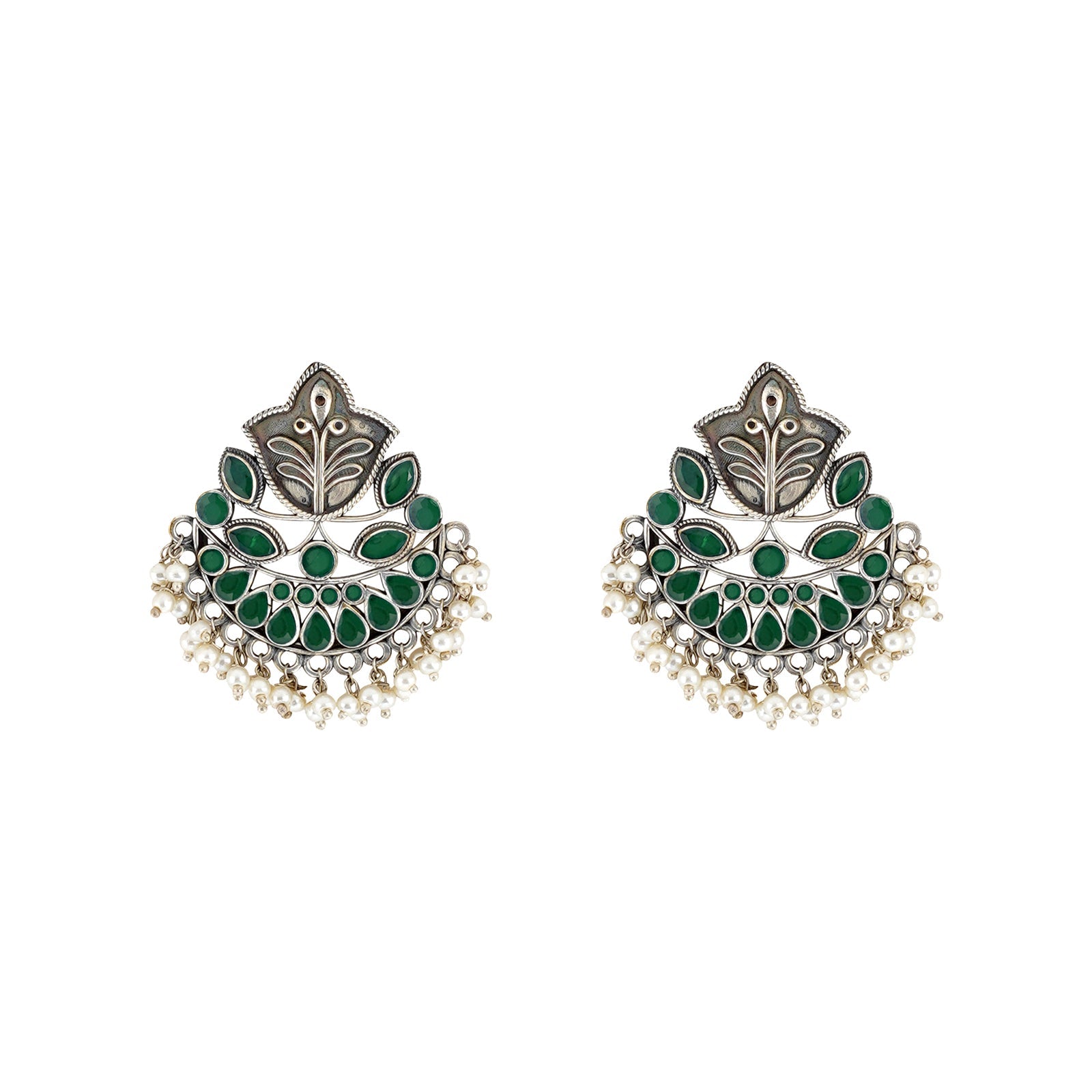Teejh Nimrat Green Stone Silver Oxidised Earrings