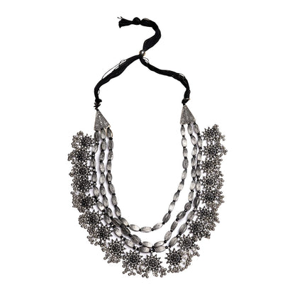 Arunima Floral Silver Oxidized Long Layered Necklace