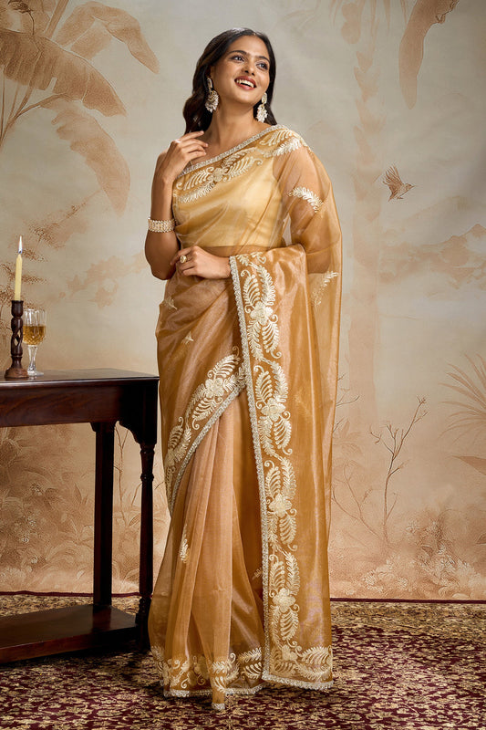Teejh Raunaq Peach Orange Net Gota Saree