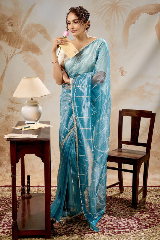 Teejh Ziaya Teal Blue Net Gota Saree