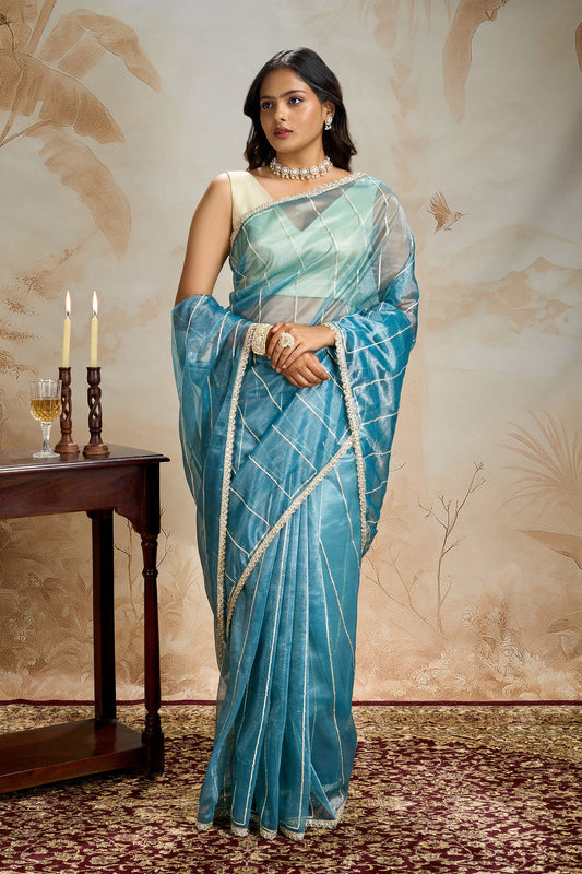 Teejh Ziaya Teal Blue Net Gota Saree