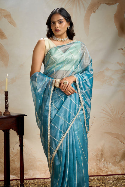 Teejh Ziaya Teal Blue Net Gota Saree