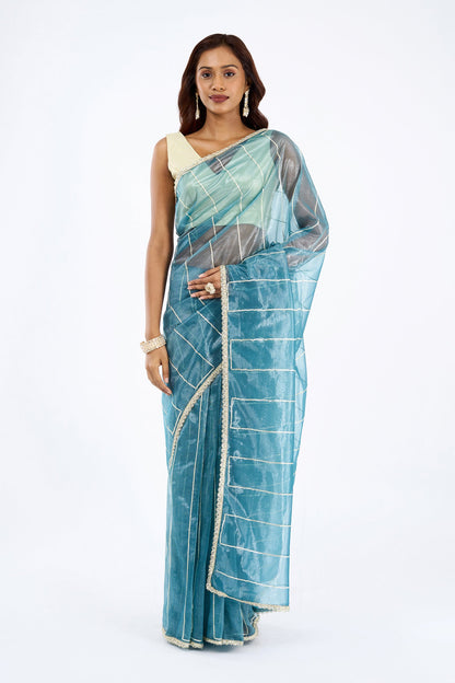 Teejh Ziaya Teal Blue Net Gota Saree