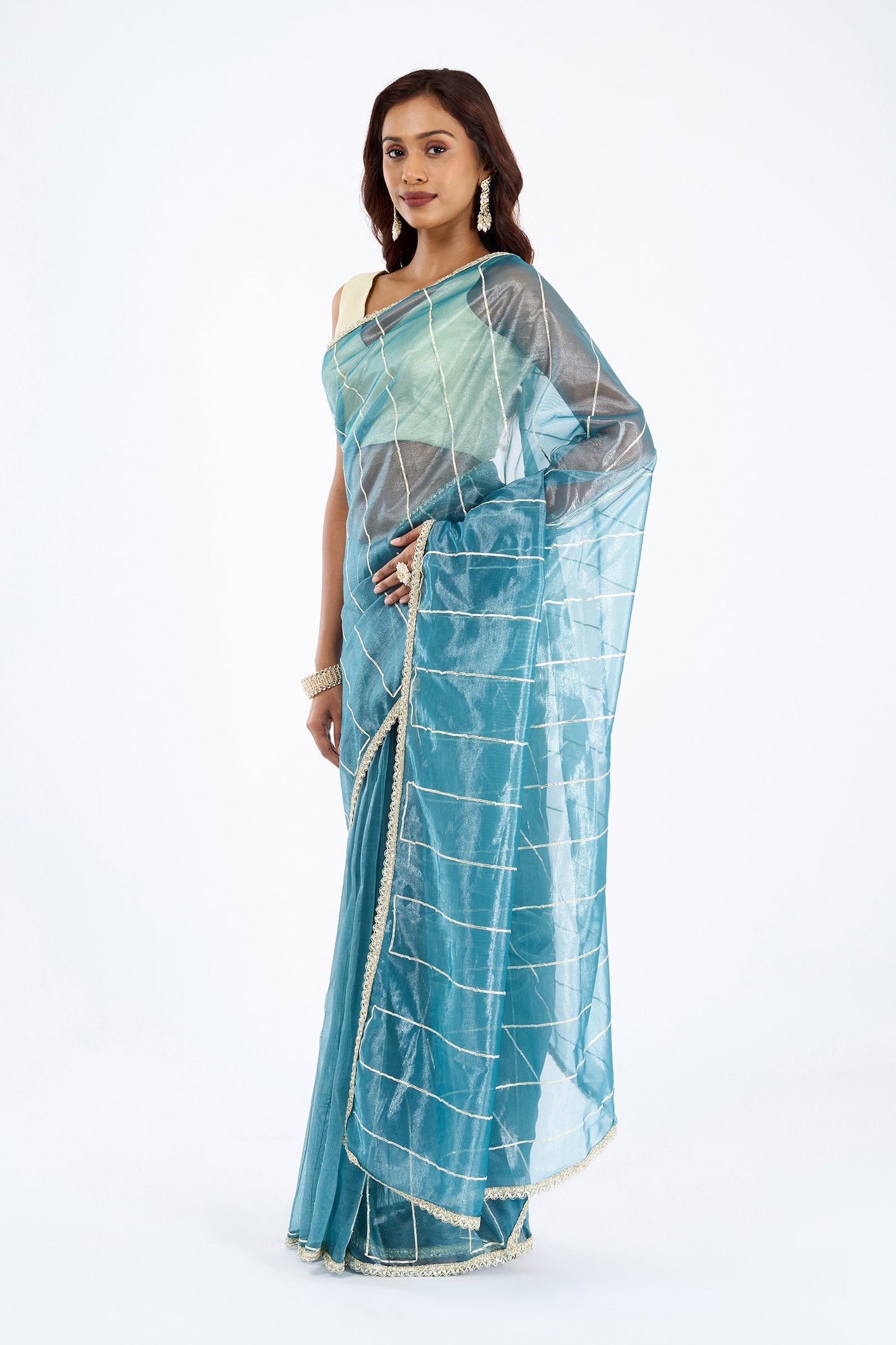 Teejh Ziaya Teal Blue Net Gota Saree