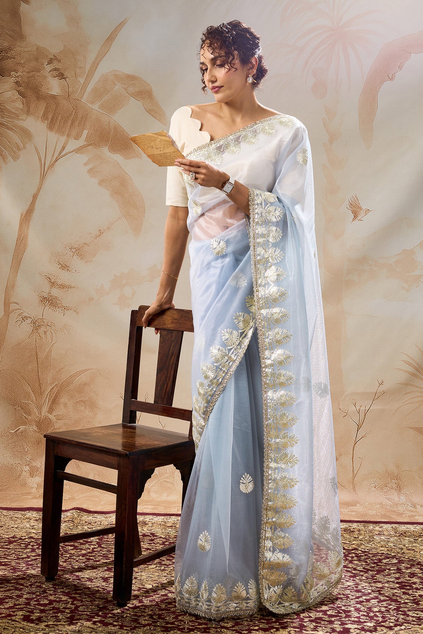 Teejh Baani powder blue Net Gota Saree