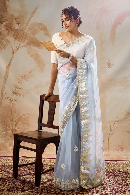 Teejh Baani powder blue Net Gota Saree
