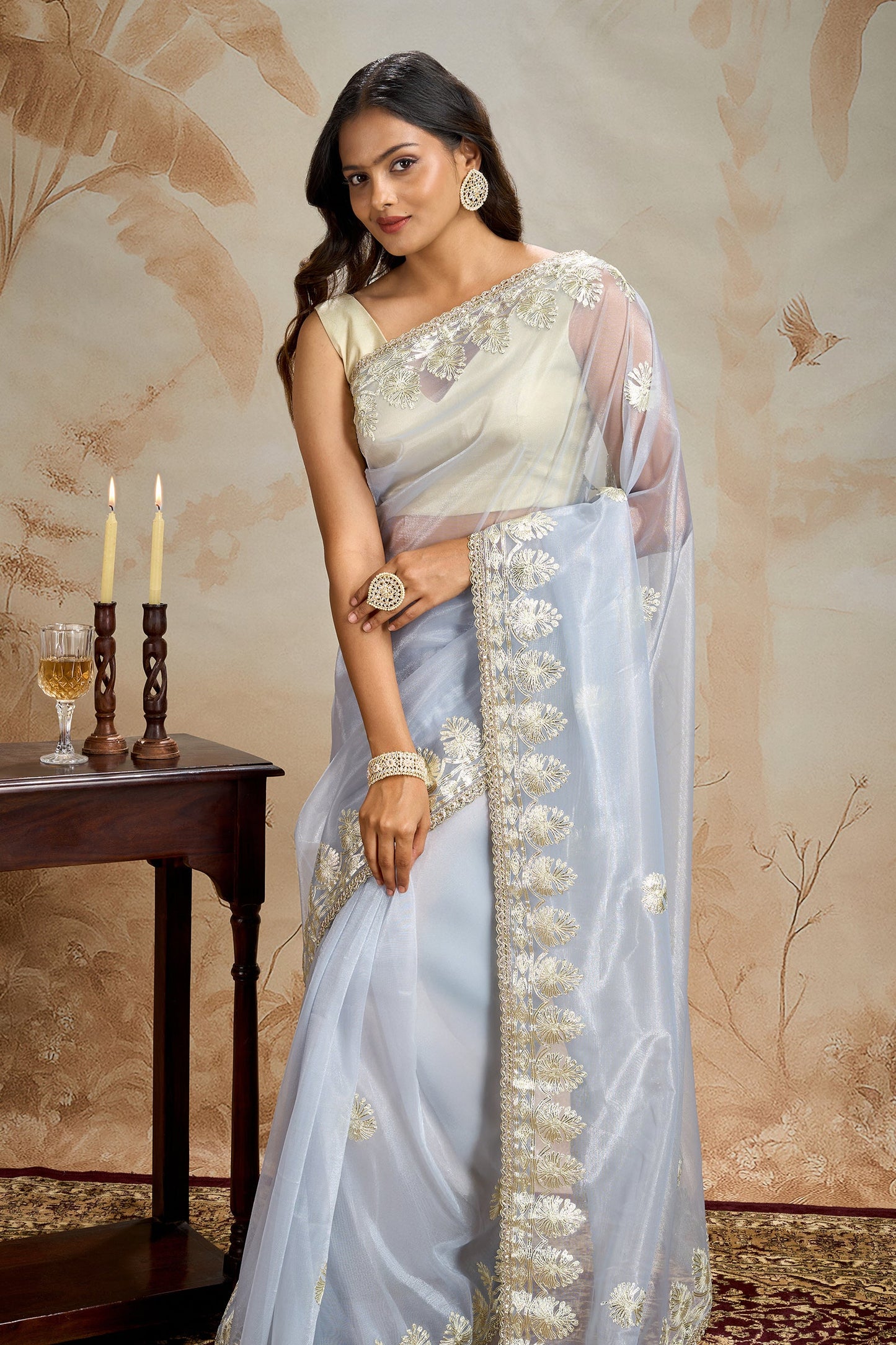 Teejh Baani powder blue Net Gota Saree