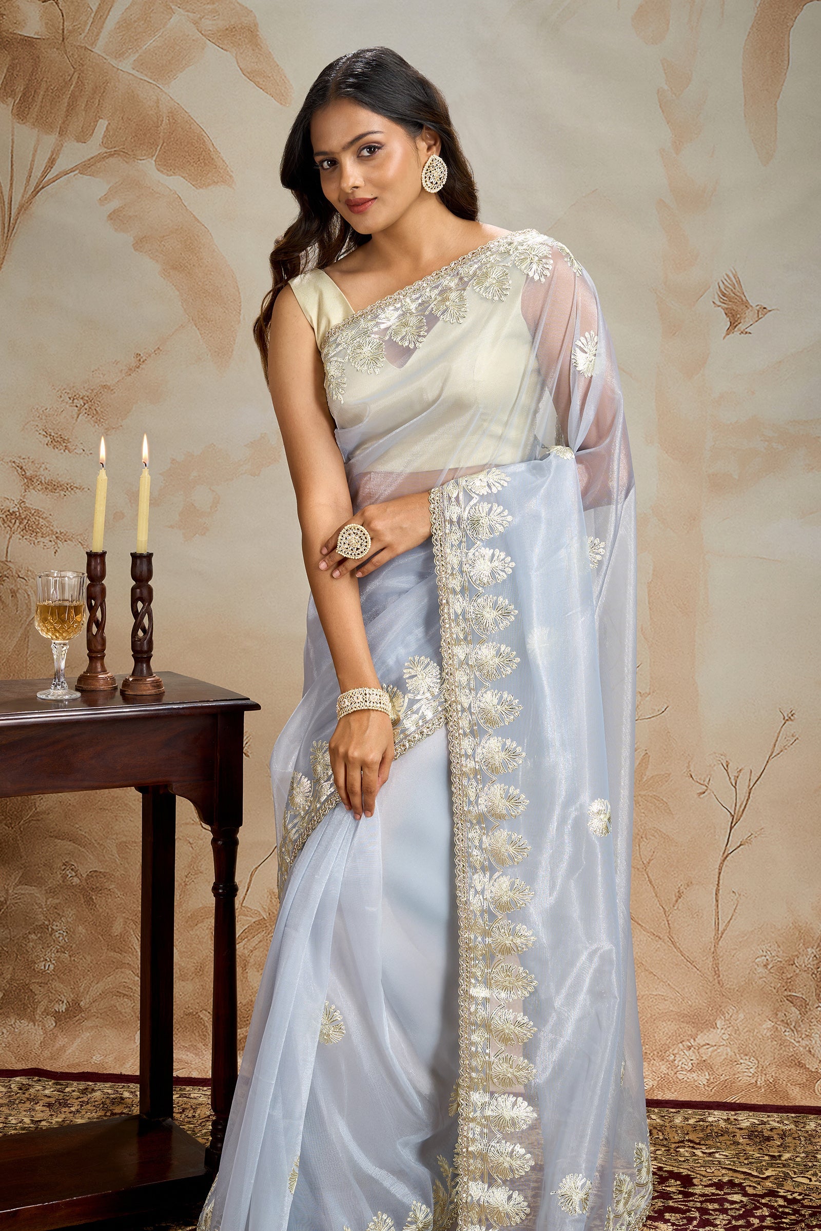 Teejh Baani powder blue Net Gota Saree