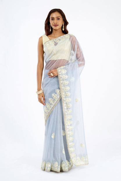 Teejh Baani powder blue Net Gota Saree
