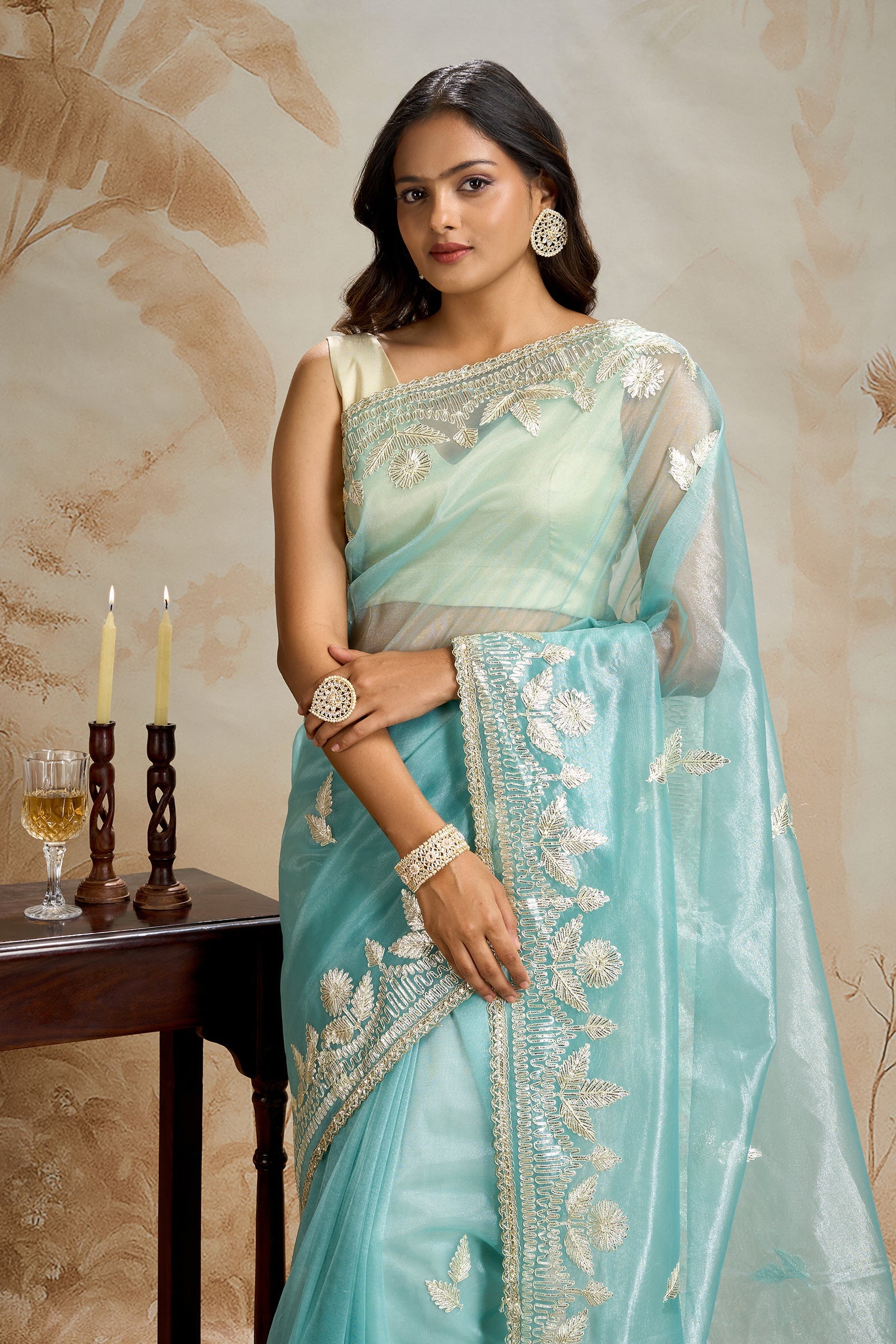Teejh Meheriye Sea Green Net Gota Saree