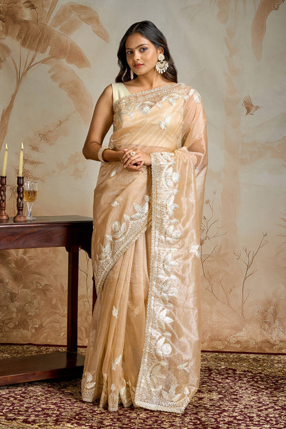 Teejh Meheriye Champagne Net Gota Saree