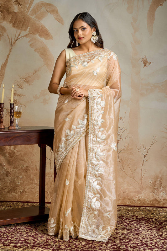 Teejh Meheriye Champagne Net Gota Saree
