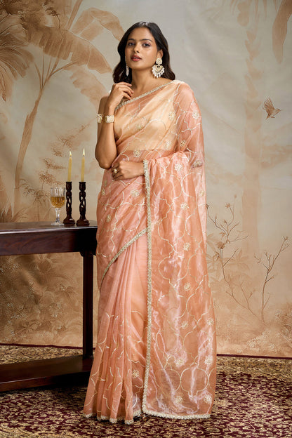 Teejh Hriya Peach Orange Net Gota Saree