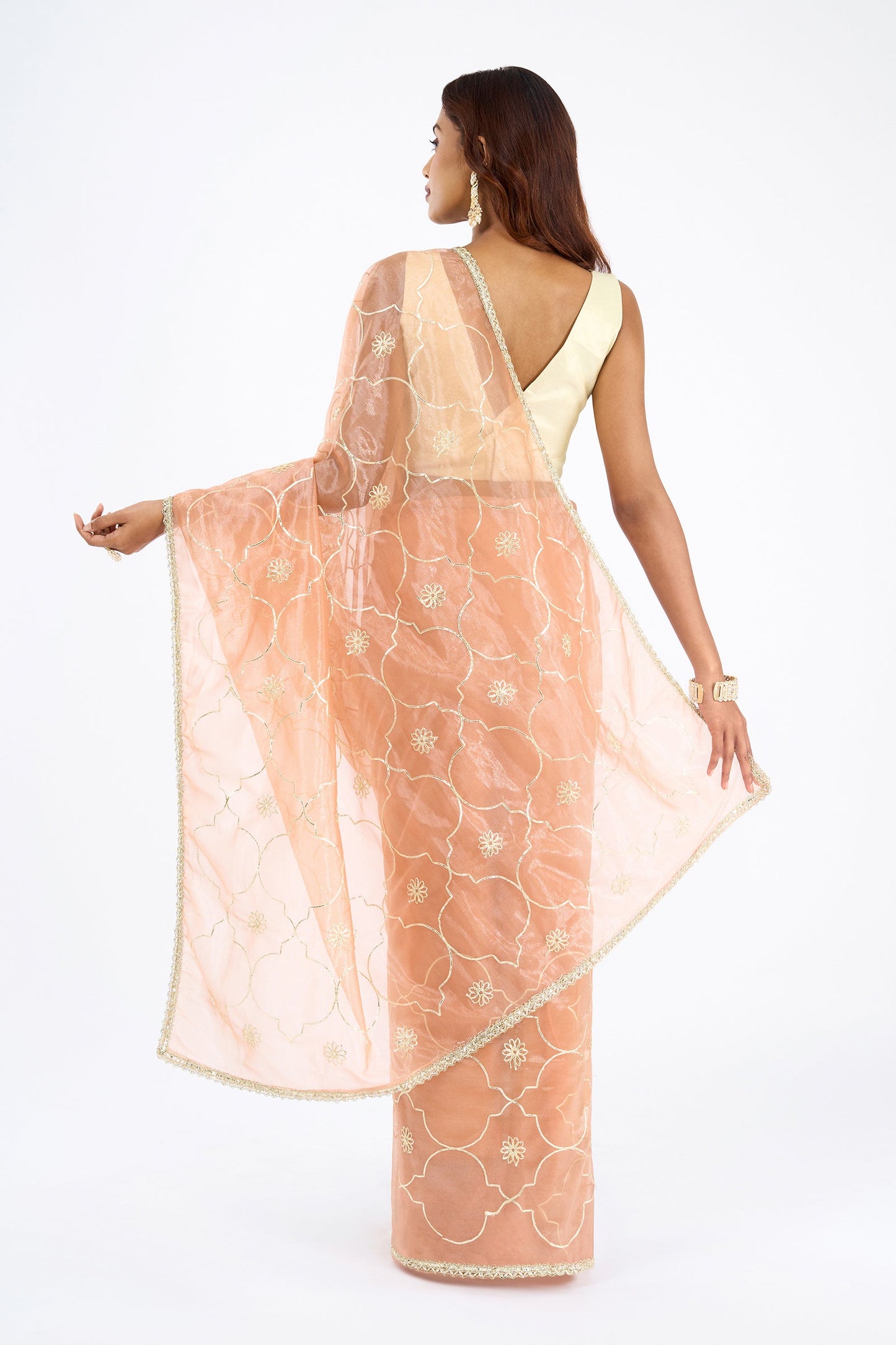 Teejh Hriya Peach Orange Net Gota Saree