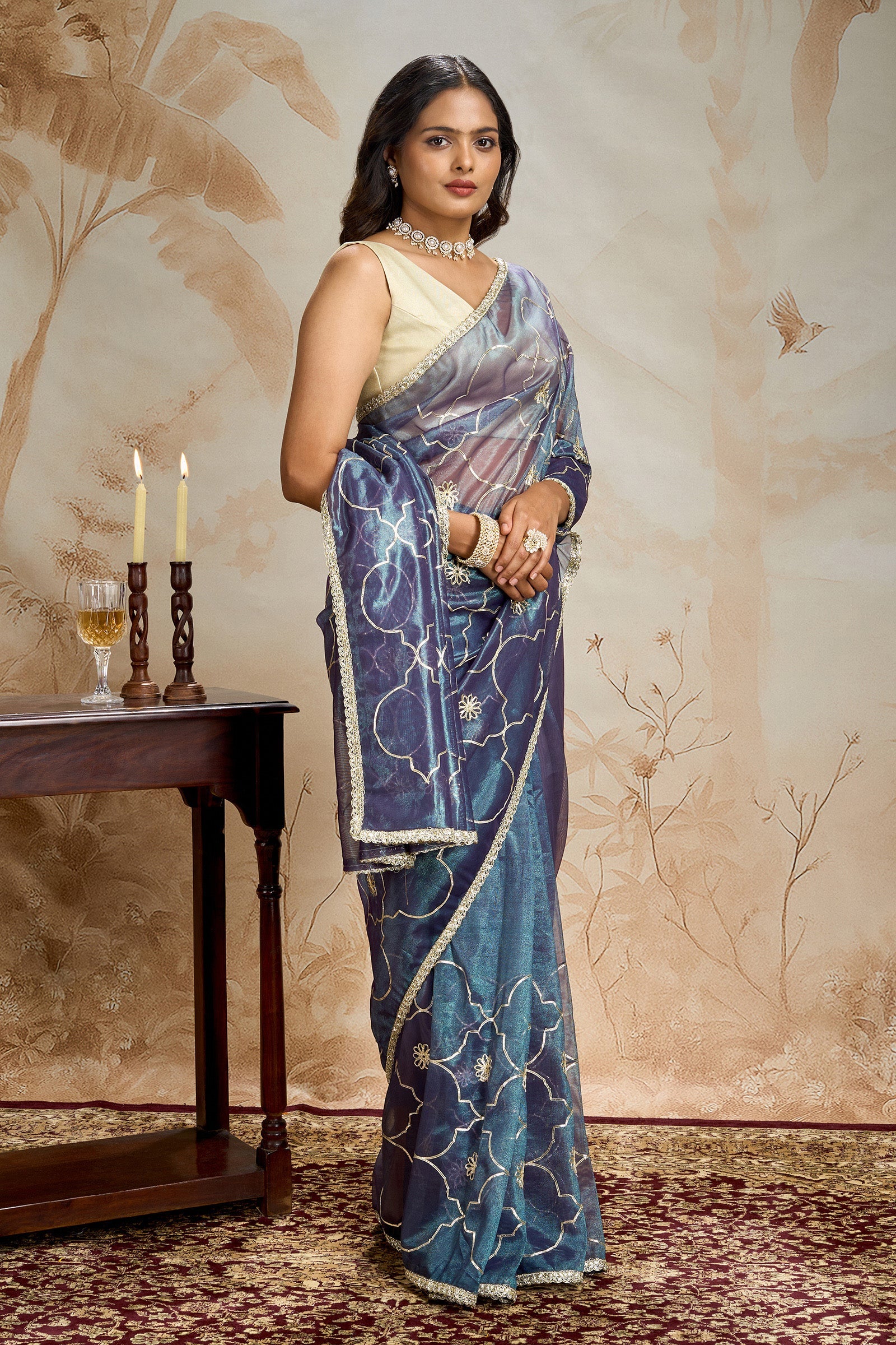 Teejh Hriya Midnight Violet Net Gota Saree