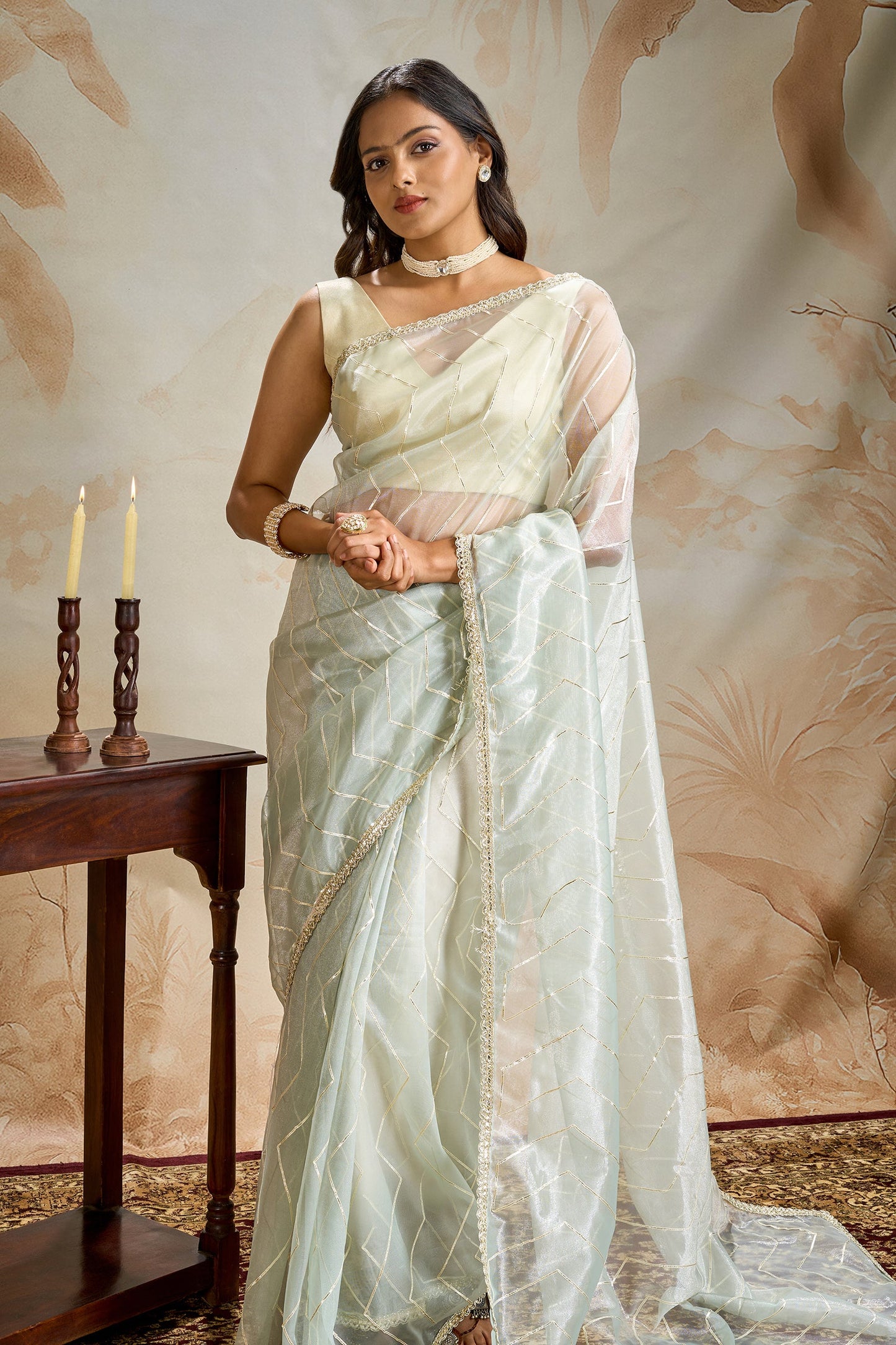 Teejh Rabina sage Green Net Gota Saree