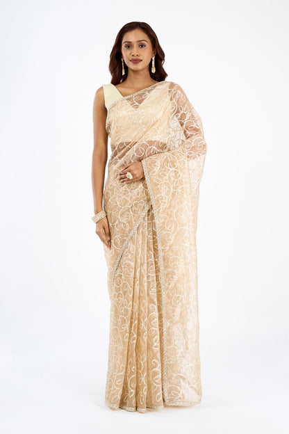 Teejh Mehefil Champagne Net Gota Saree