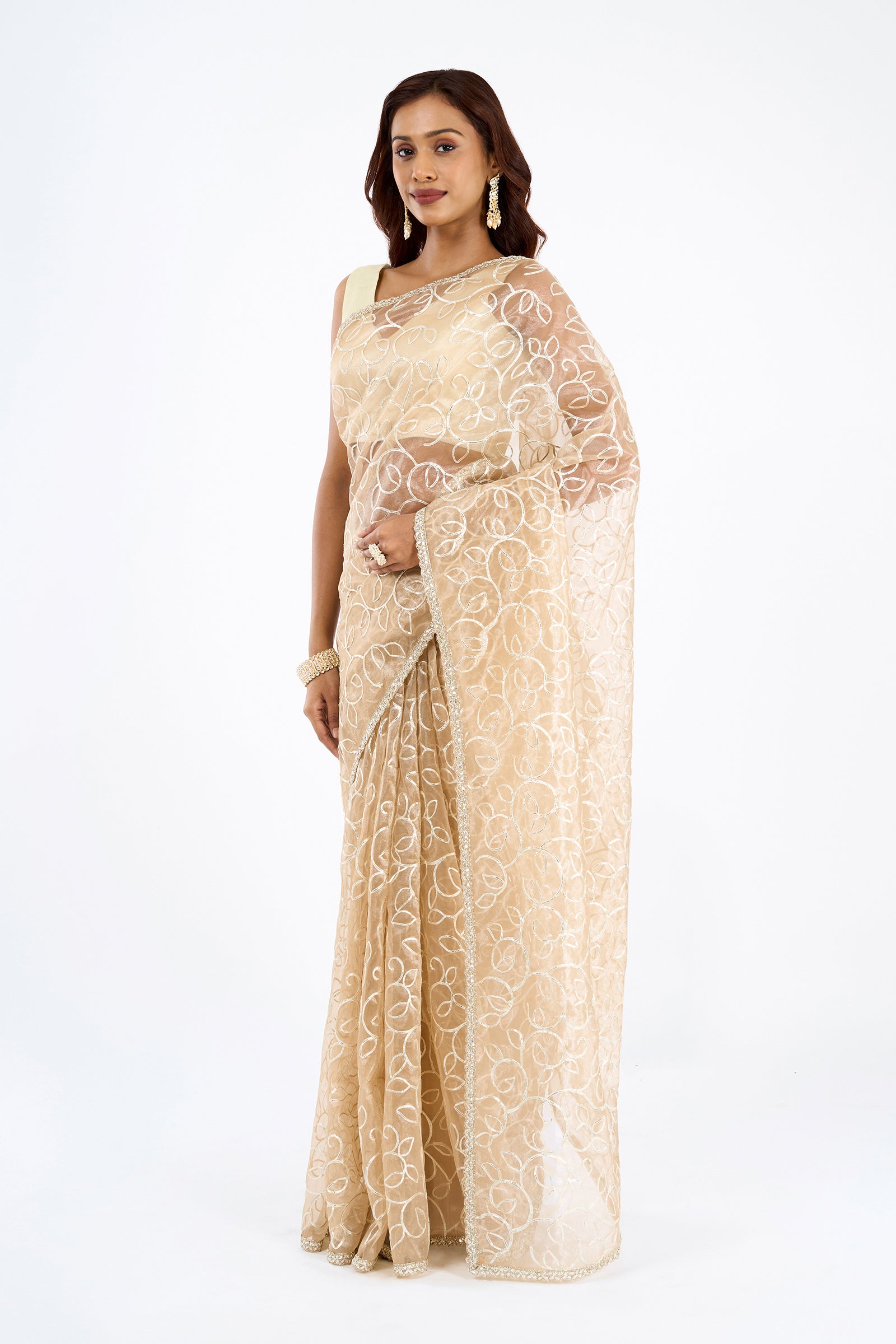 Teejh Mehefil Champagne Net Gota Saree