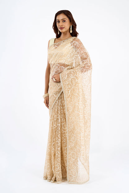 Teejh Mehefil Champagne Net Gota Saree