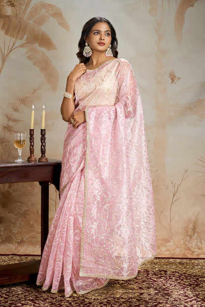 Teejh Mehefil Light Pink Net Gota Saree