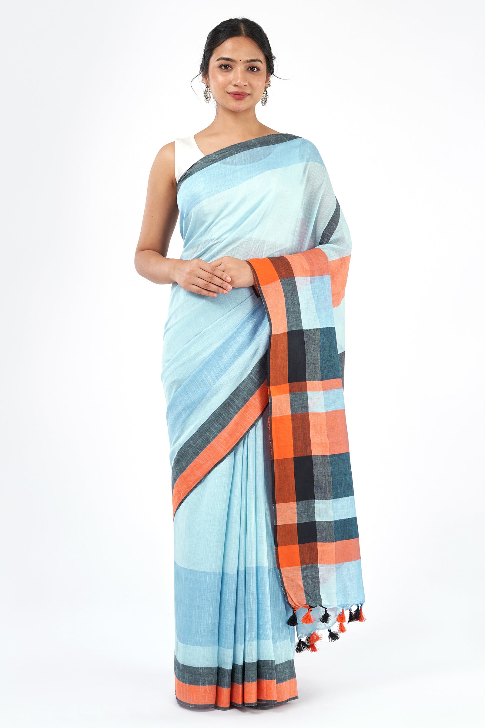 Teejh Blocks Blue and orange  Color Block Saree