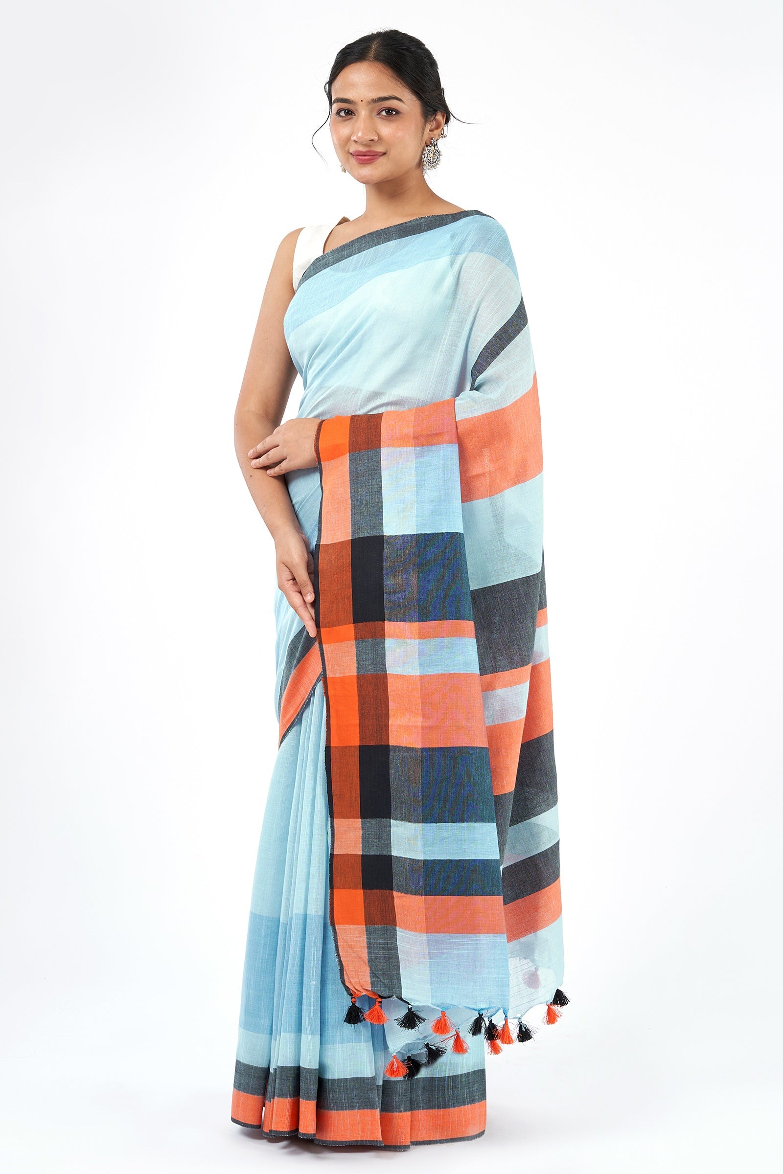 Teejh Blocks Blue and orange  Color Block Saree