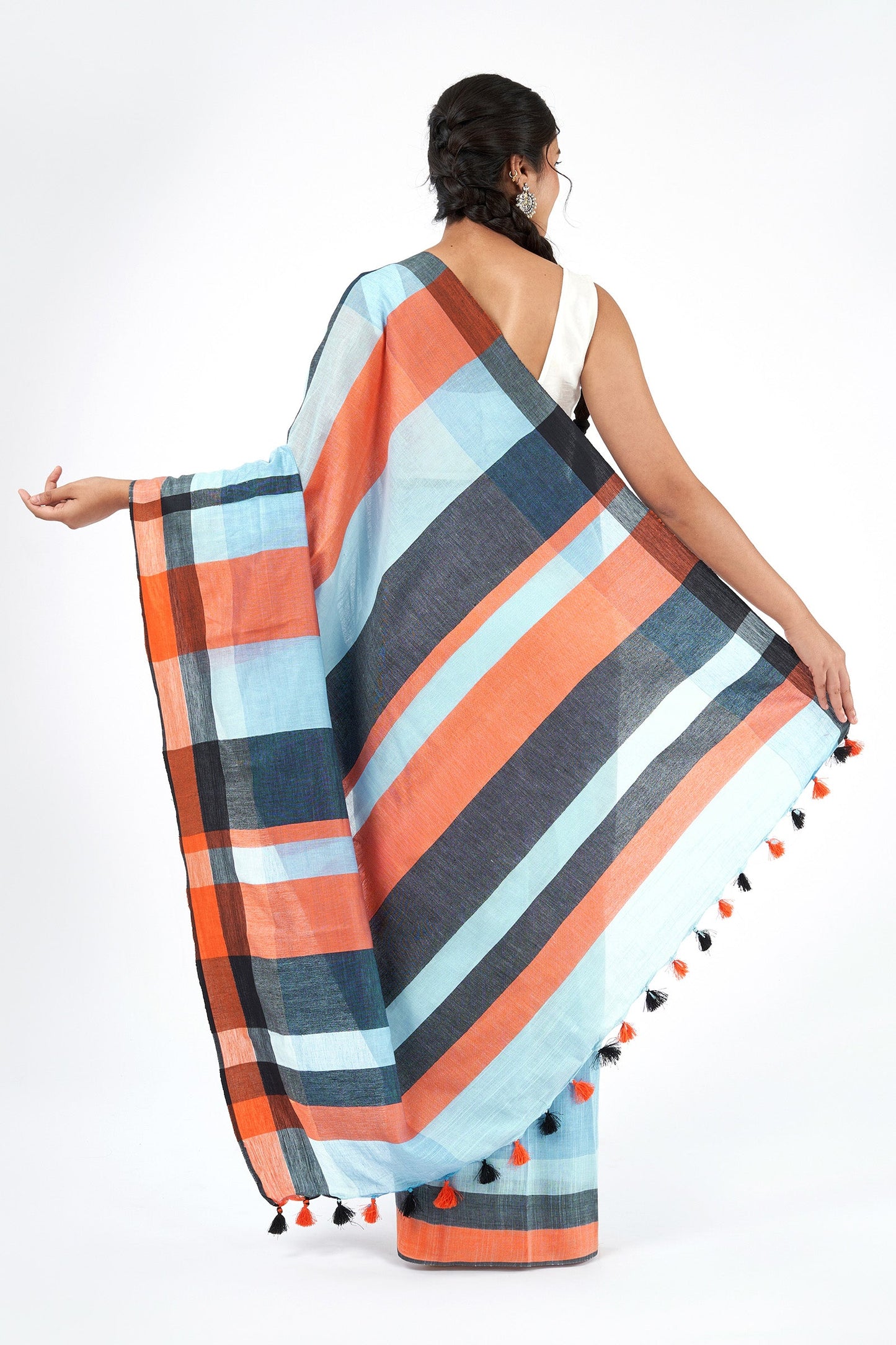 Teejh Blocks Blue and orange  Color Block Saree
