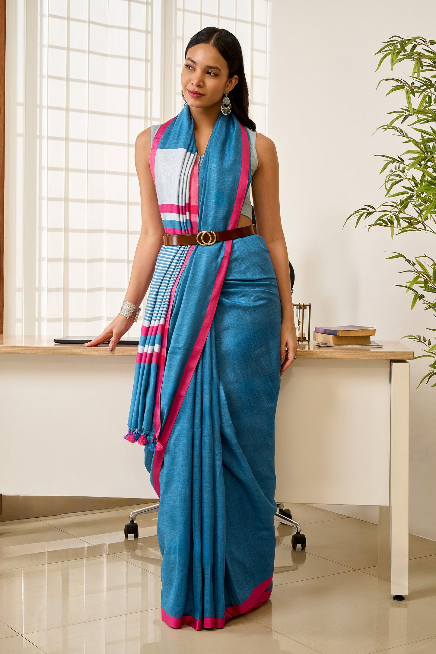 Teejh Bare Hues Blue and Pink Color Block Saree