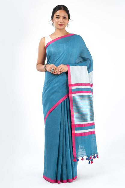 Teejh Bare Hues Blue and Pink Color Block Saree