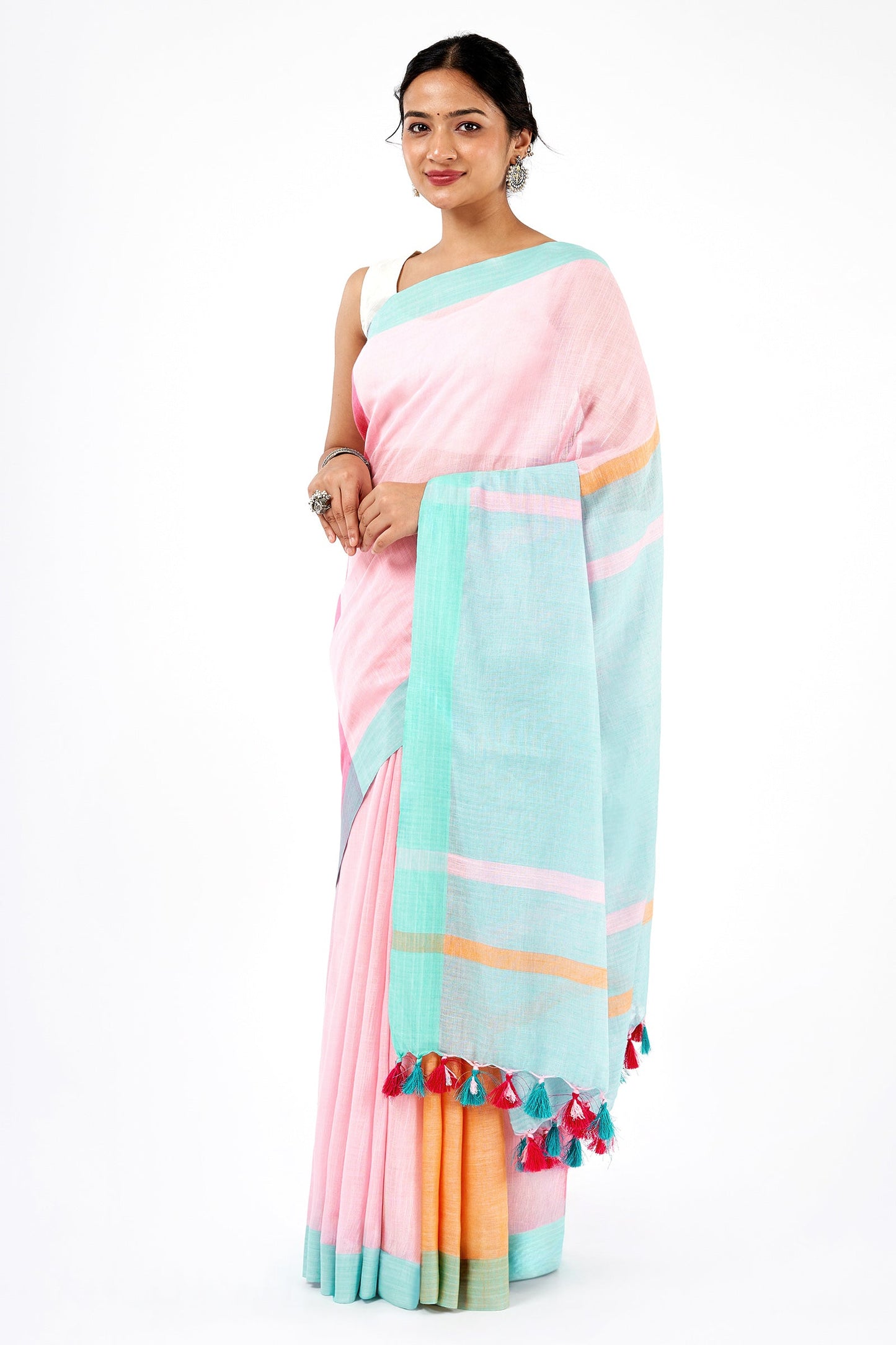 Teejh Calm Light Green and pink Color Block Saree