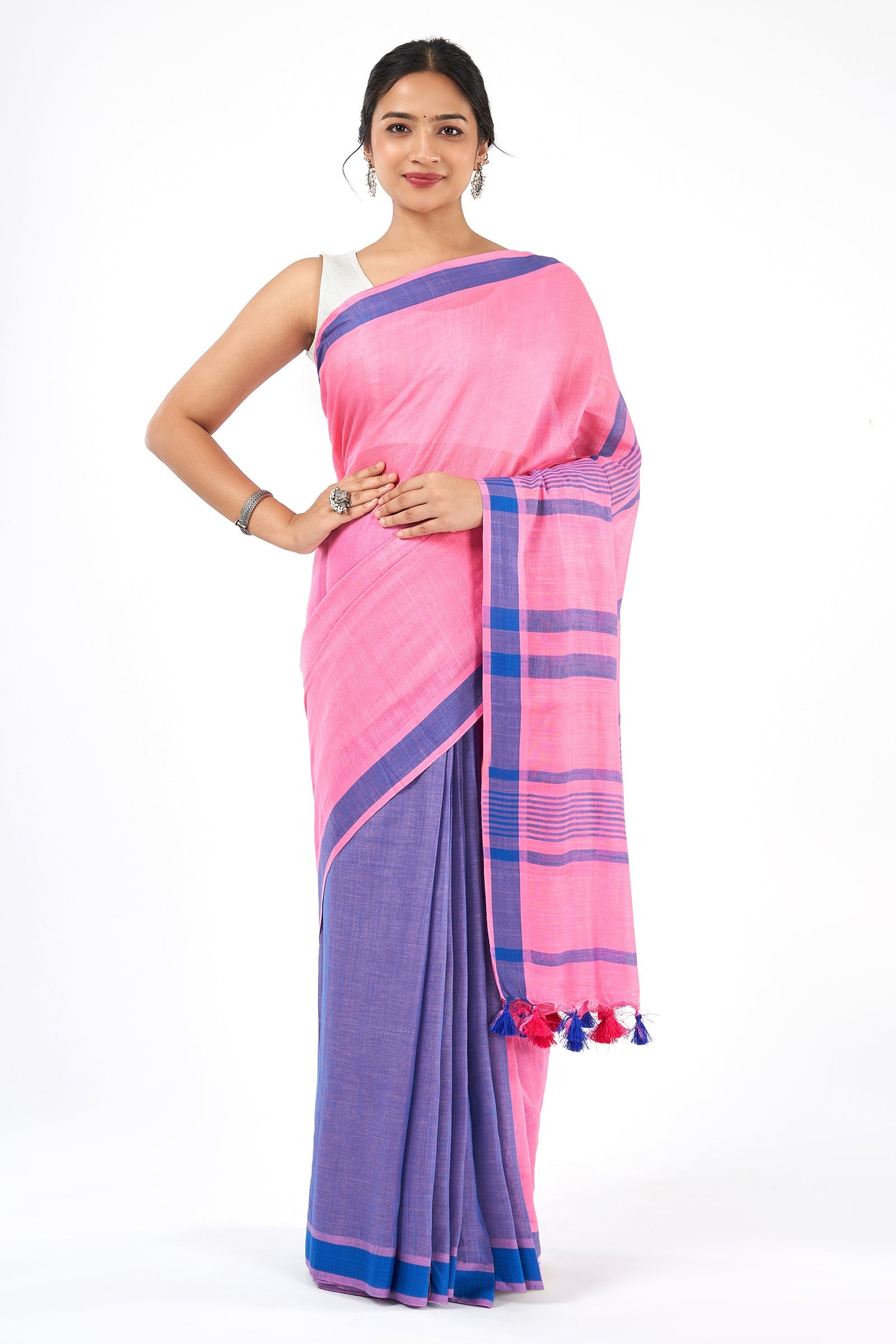 Teejh Bare Essence Blue and Pink Color Block Saree