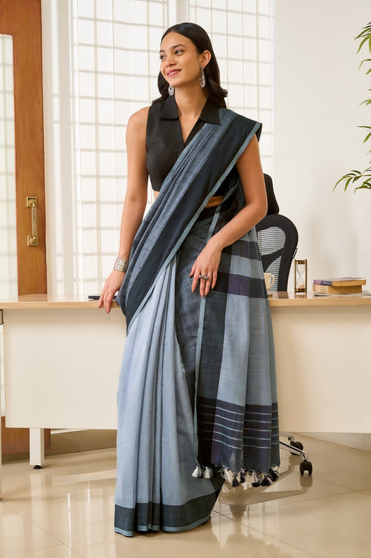 Teejh Mono Grey and Black Color Block Cotton Saree