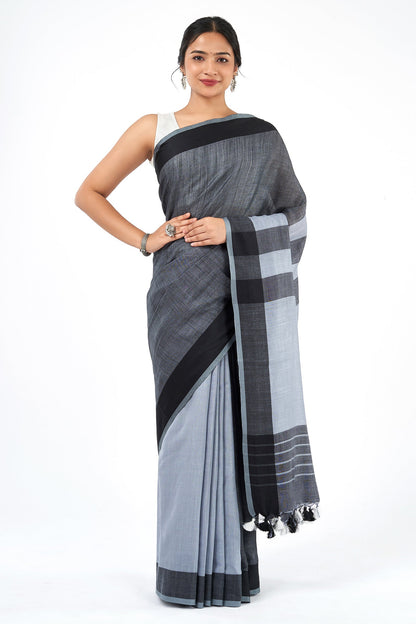 Teejh Mono Grey and Black Color Block Cotton Saree