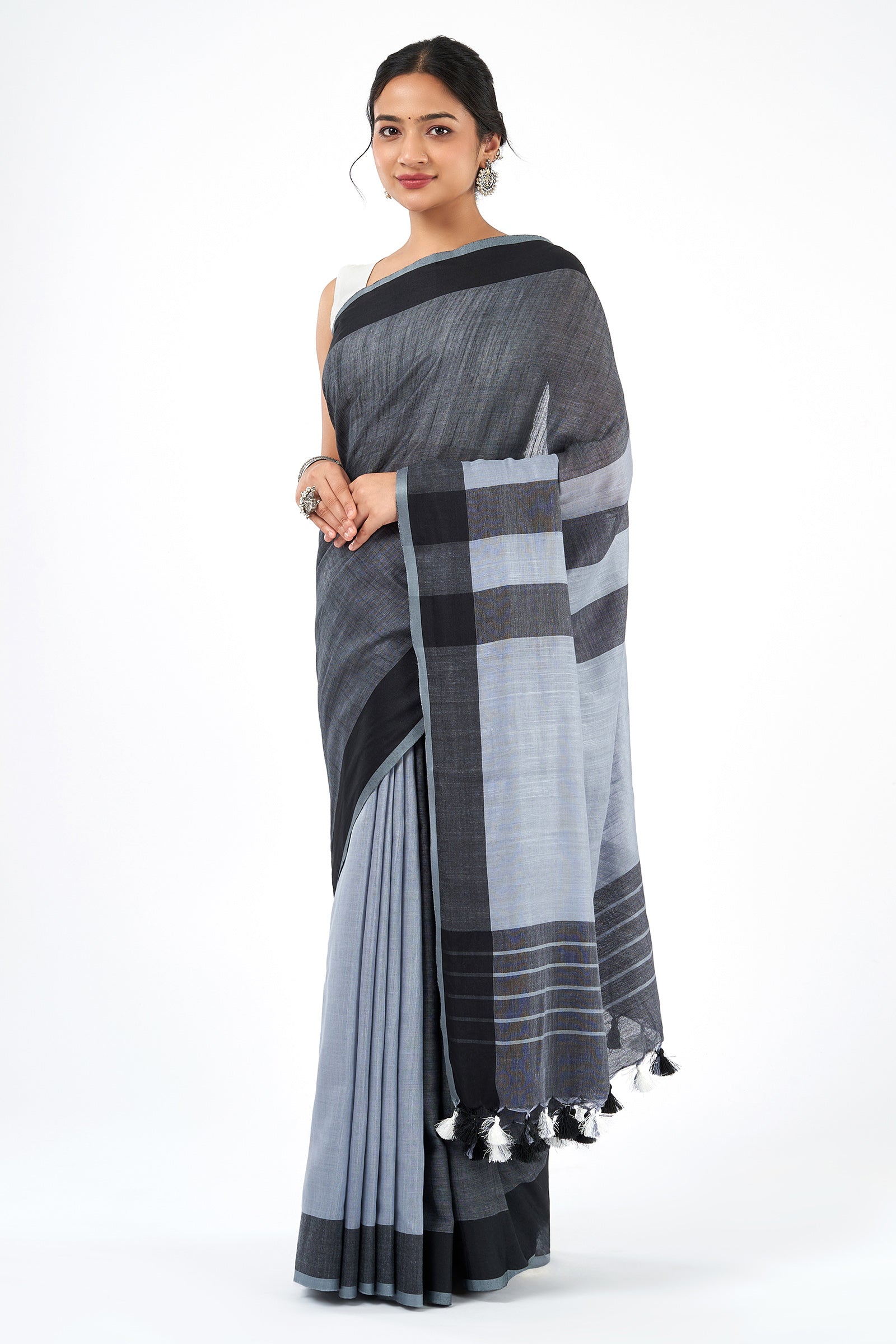 Teejh Mono Grey and Black Color Block Cotton Saree