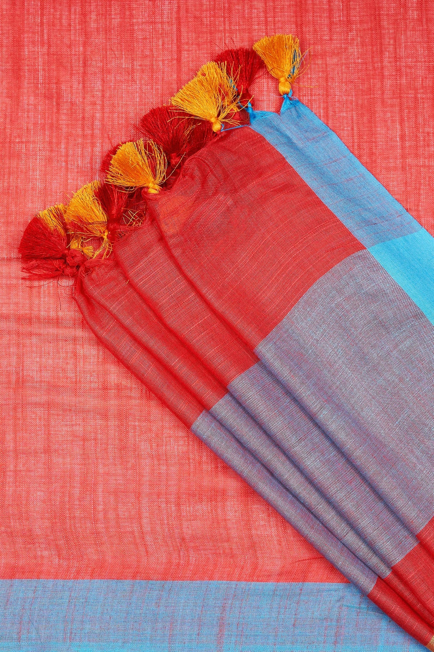 Teejh Gulal Red and Blue Color Block Saree
