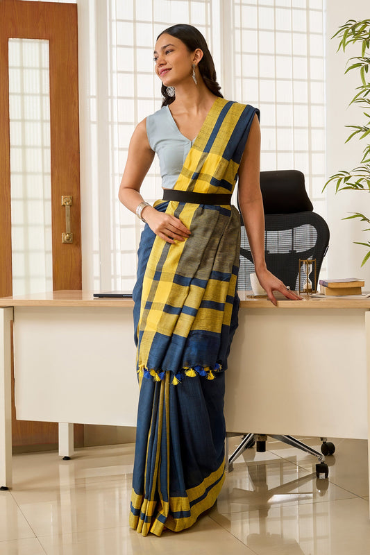 Teejh Edgy Tone Navy Blue and yellow Color Block Saree