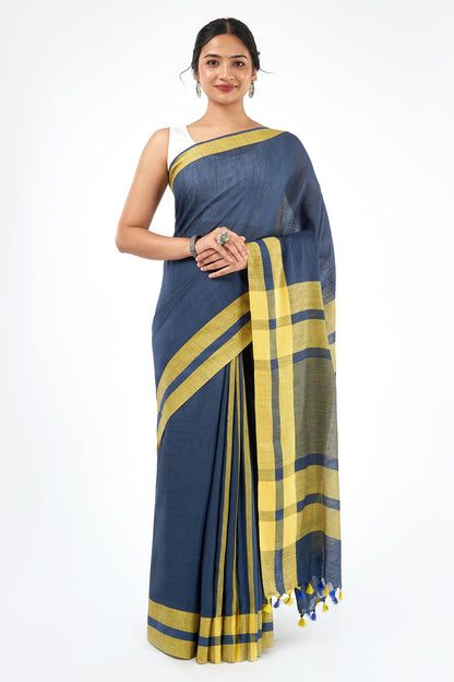 Teejh Edgy Tone Navy Blue and yellow Color Block Saree