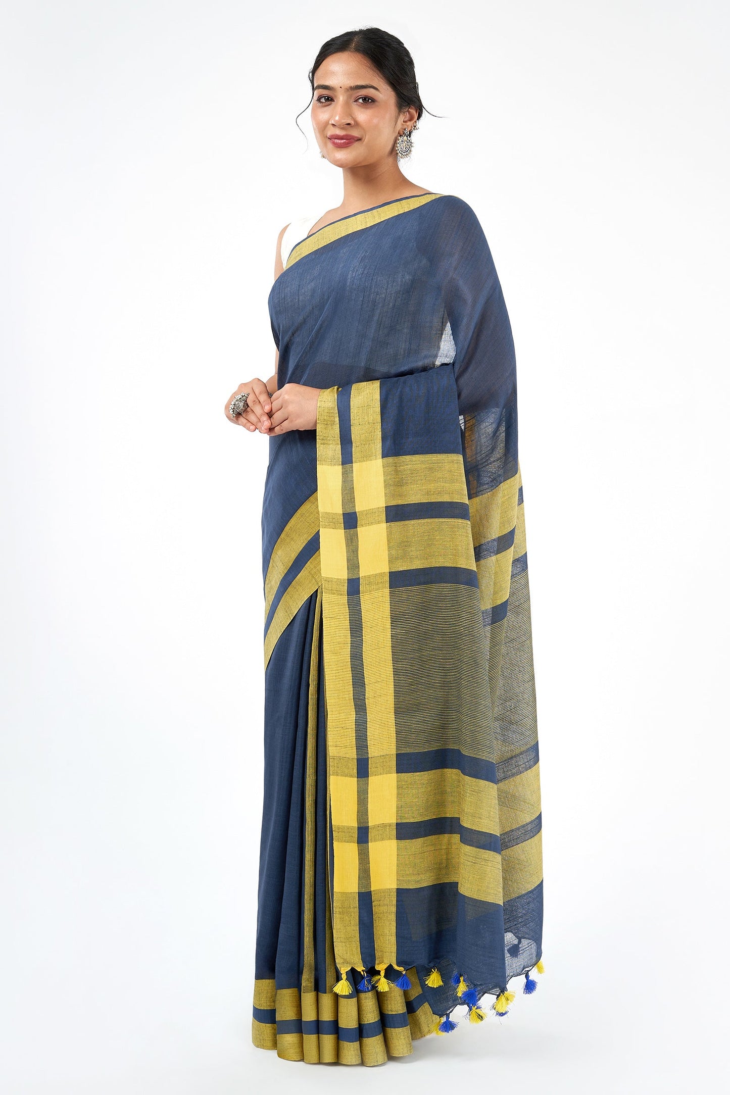Teejh Edgy Tone Navy Blue and yellow Color Block Saree