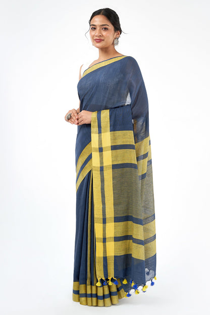 Teejh Edgy Tone Navy Blue and yellow Color Block Saree