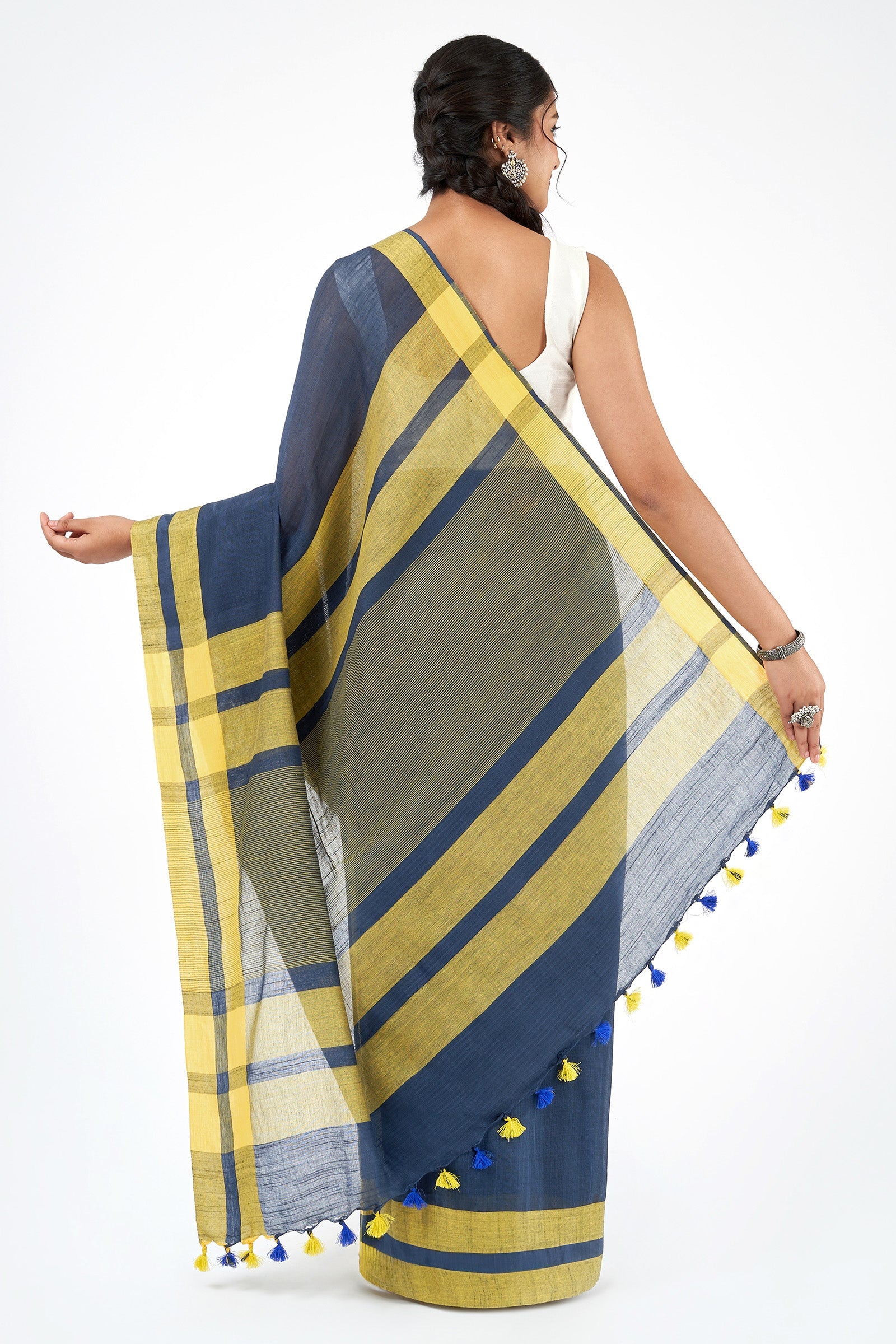 Teejh Edgy Tone Navy Blue and yellow Color Block Saree