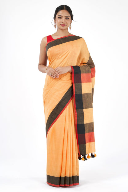 Teejh Soothing Peach, red and black Color Block Saree