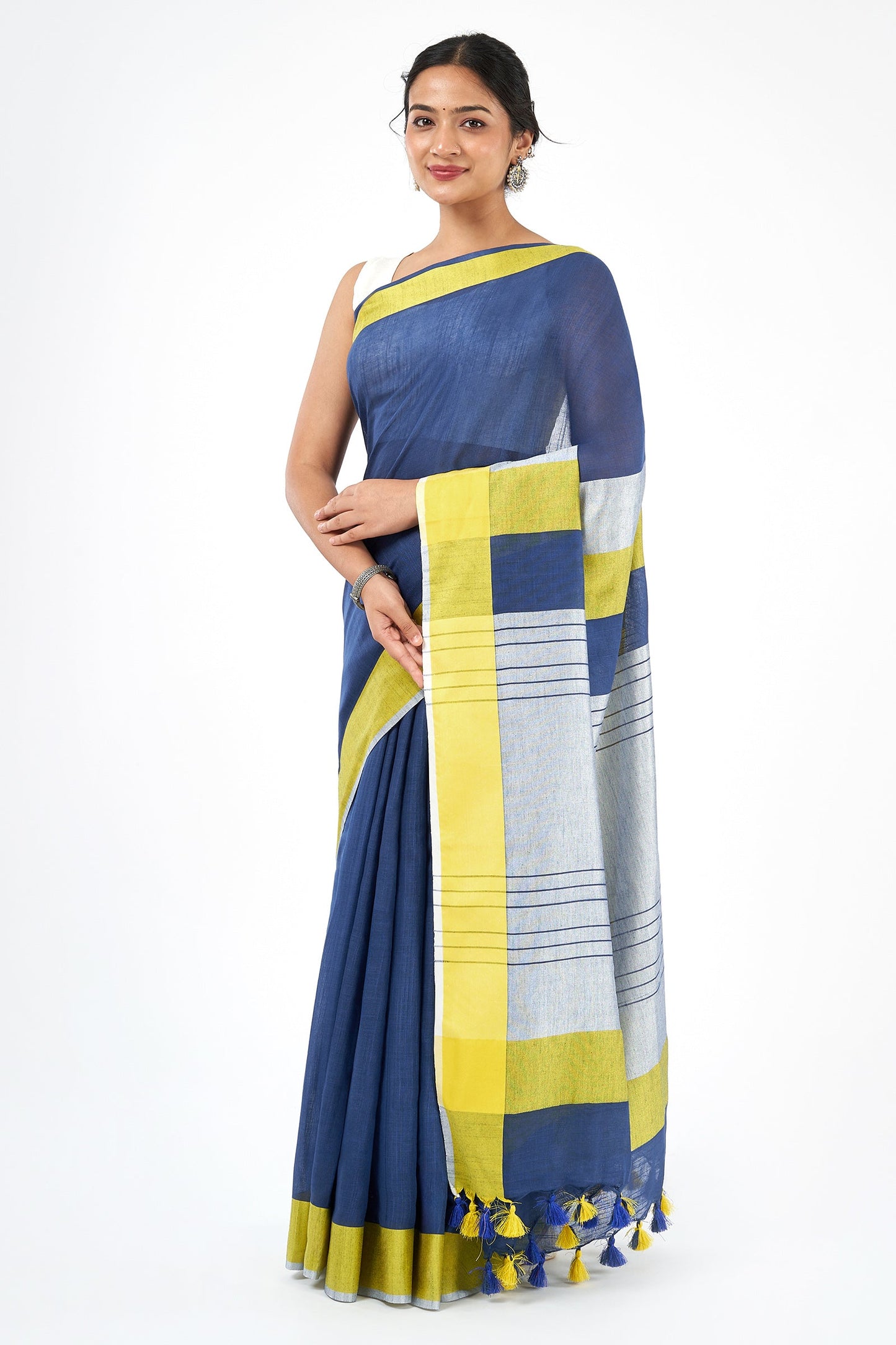 Teejh Eleganza Navy Blue and Lime Color Block Saree