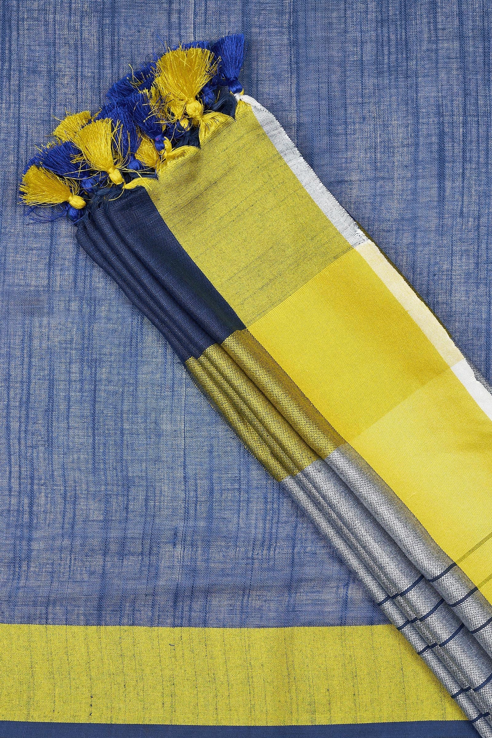 Teejh Eleganza Navy Blue and Lime Color Block Saree