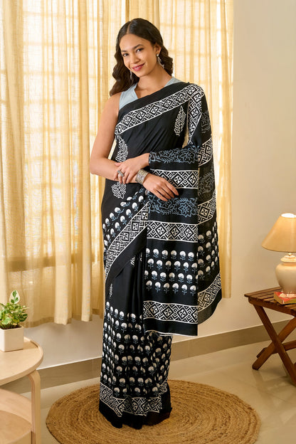 Teejh Sarasmi Black Hand Blockprint Saree