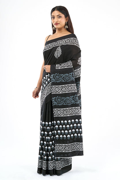Teejh Sarasmi Black Hand Blockprint Saree