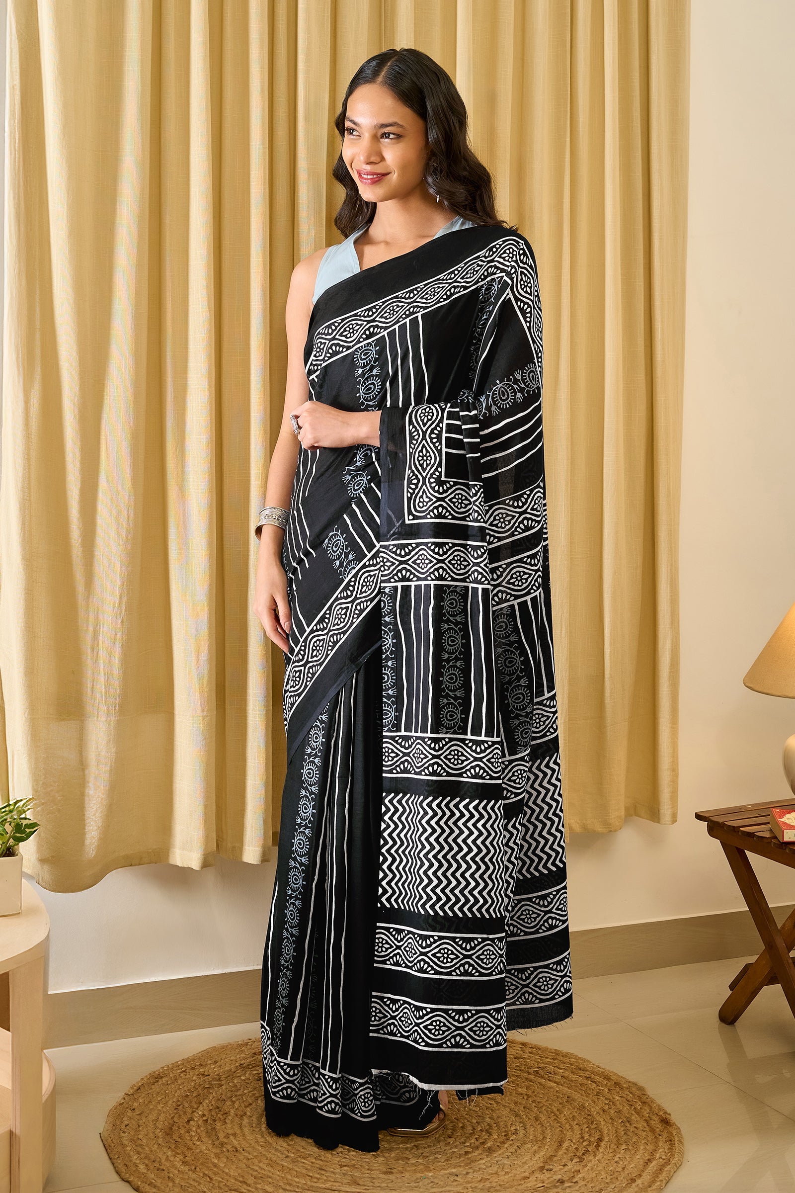 Teejh Kumdini Black Hand Blockprint Saree