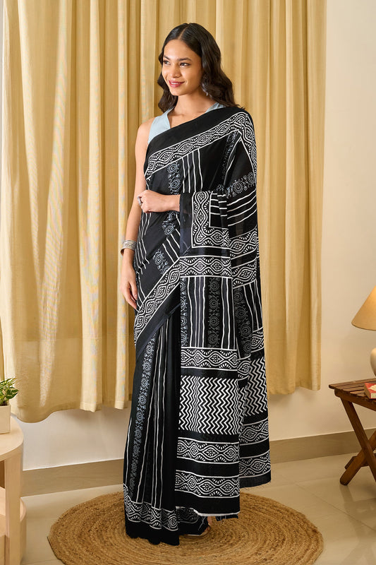 Teejh Kumdini Black Hand Blockprint Saree