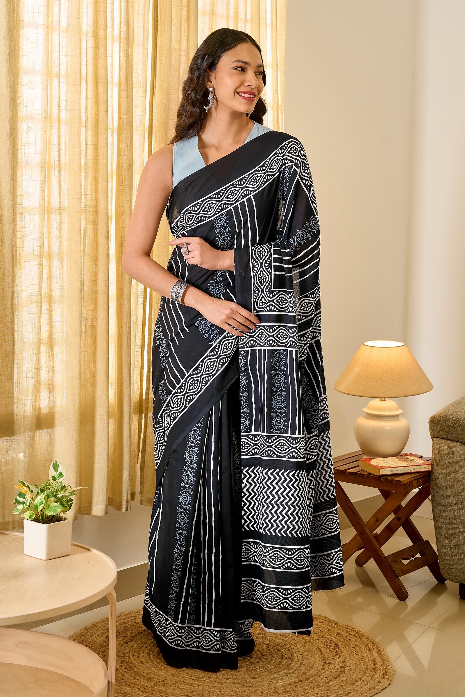 Teejh Kumdini Black Hand Blockprint Saree