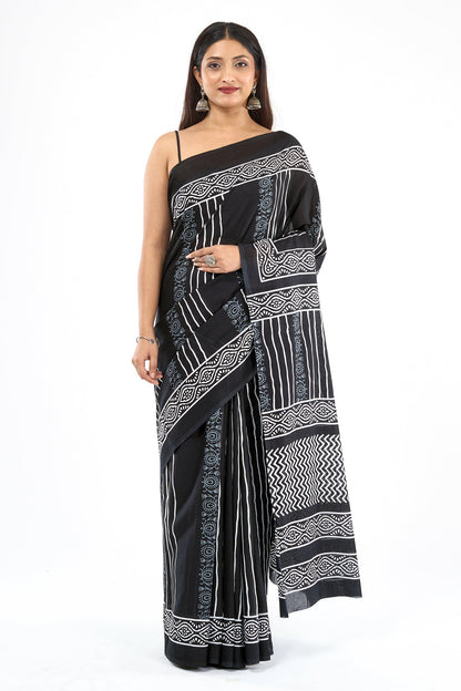 Teejh Kumdini Black Hand Blockprint Saree