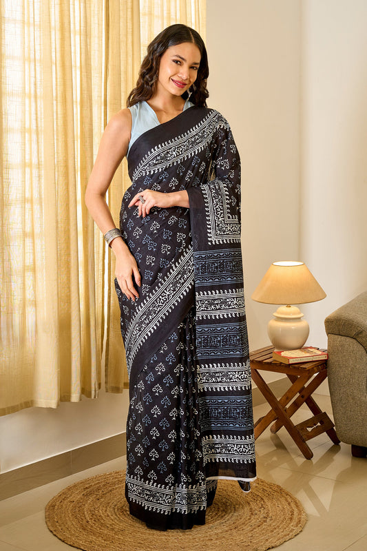Teejh Mehulaa Black Hand Blockprint Saree
